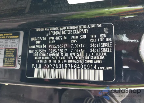 2017 Hyundai Santa Fe Sport 2.4L z USA, uszkodzony, nr VIN 5XYZU3LB7HG400914